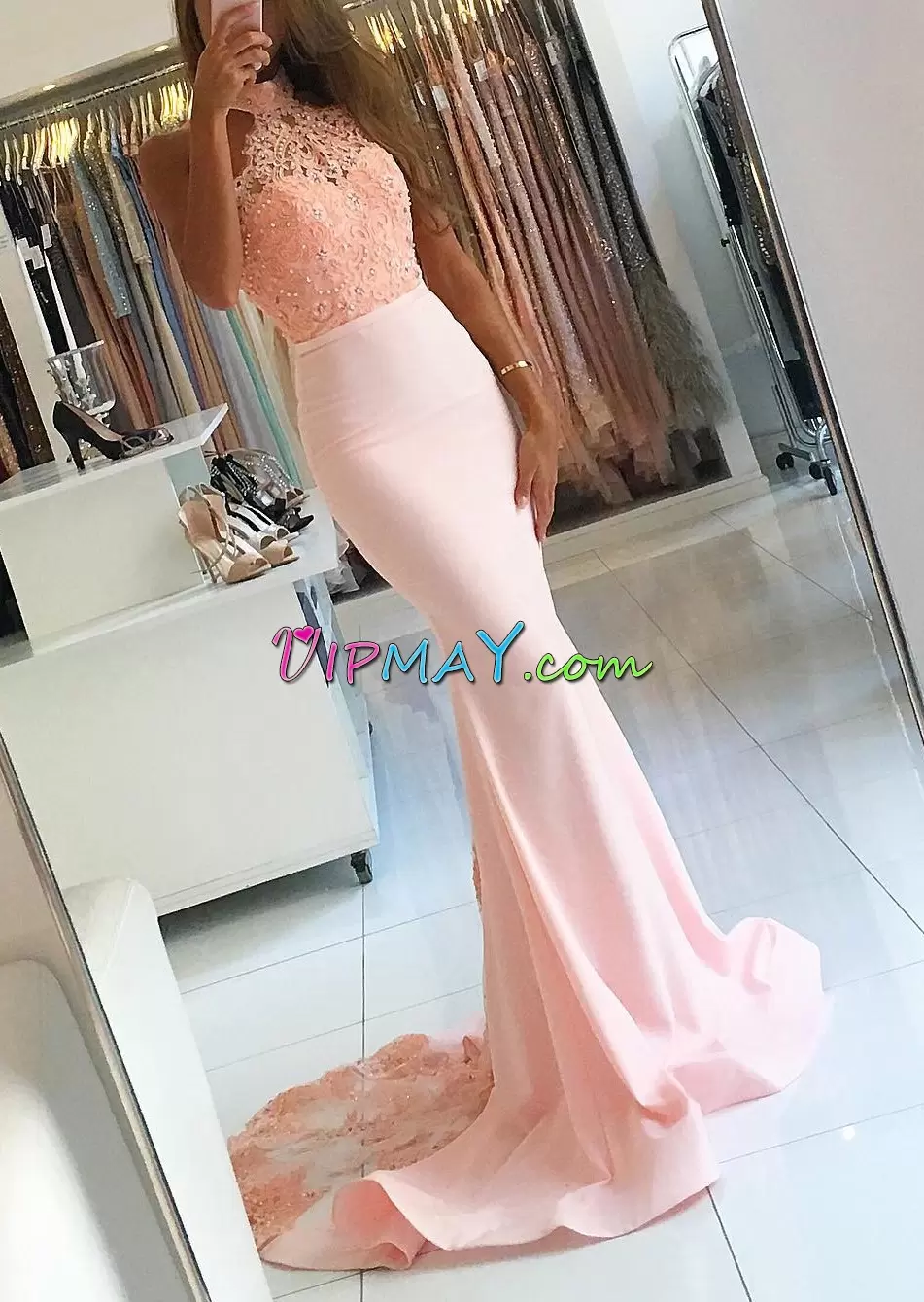 Chic Sleeveless Lace and Appliques Clasp Handle Homecoming Gowns with Pink Sweep Train