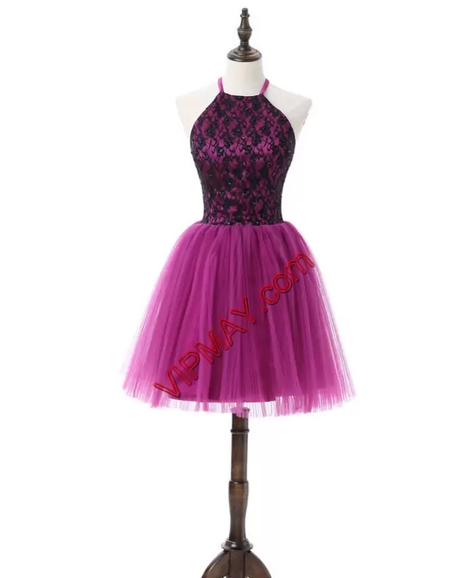 Fuchsia Lace Up Halter Top Lace Prom Gown Tulle Sleeveless