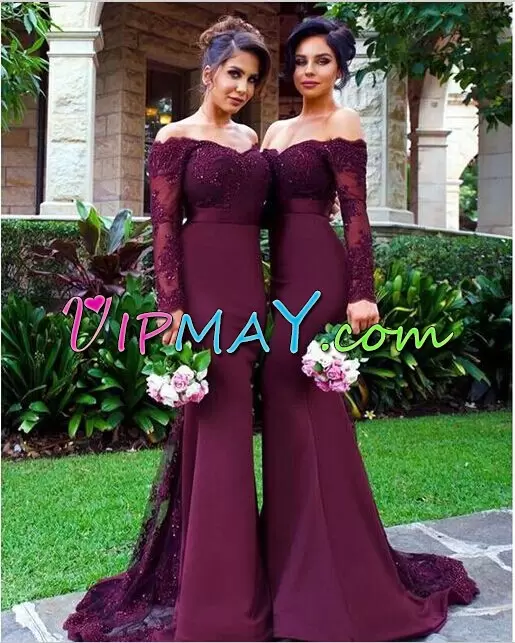 Off The Shoulder Long Sleeves Lace Up Prom Evening Gown Burgundy Satin Lace