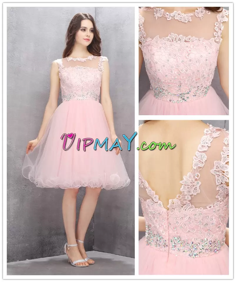 Custom Fit Pink Zipper Scoop Beading and Lace Homecoming Party Dress Tulle Sleeveless