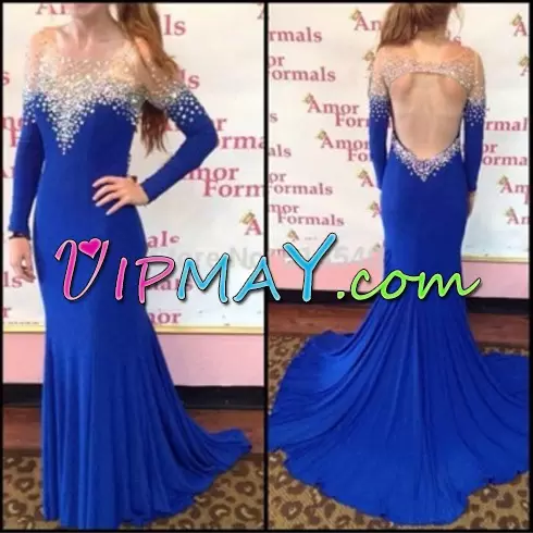 Decent White and Royal Blue Long Sleeves Satin and Chiffon Sweep Train Backless Prom Homecoming Dress for Prom and Party