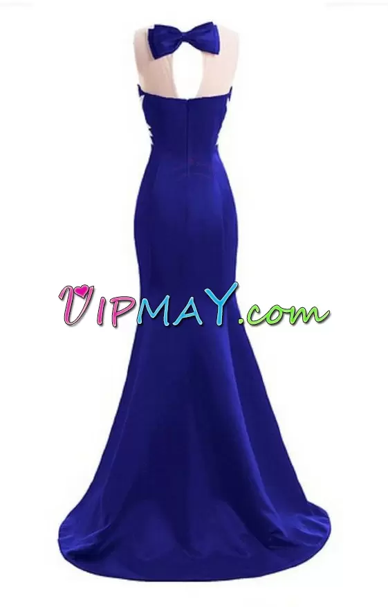 Custom Fit Mermaid Evening Dress Royal Blue Scoop Satin Sleeveless Floor Length Backless