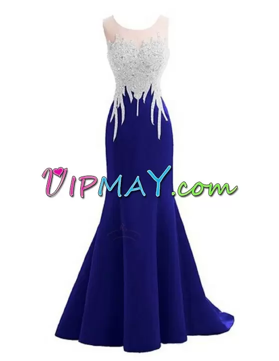 Custom Fit Mermaid Evening Dress Royal Blue Scoop Satin Sleeveless Floor Length Backless