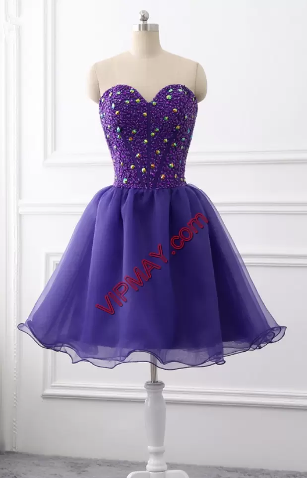 Custom Designed Purple A-line Organza Sweetheart Sleeveless Beading Mini Length Zipper Homecoming Dress Online