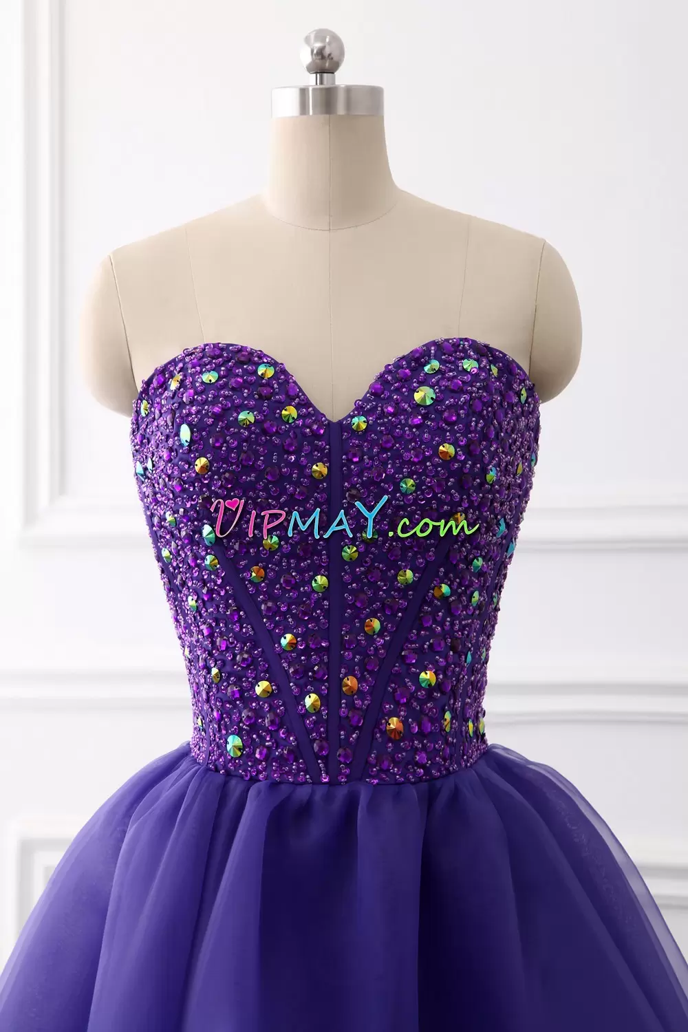 Custom Designed Purple A-line Organza Sweetheart Sleeveless Beading Mini Length Zipper Homecoming Dress Online