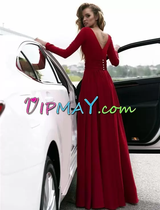 Clearance V-neck Long Sleeves Clasp Handle Prom Evening Gown Burgundy Chiffon Ruching