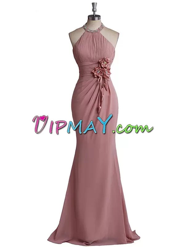 Adorable Floor Length Mermaid Sleeveless Pink Evening Dress Zipper