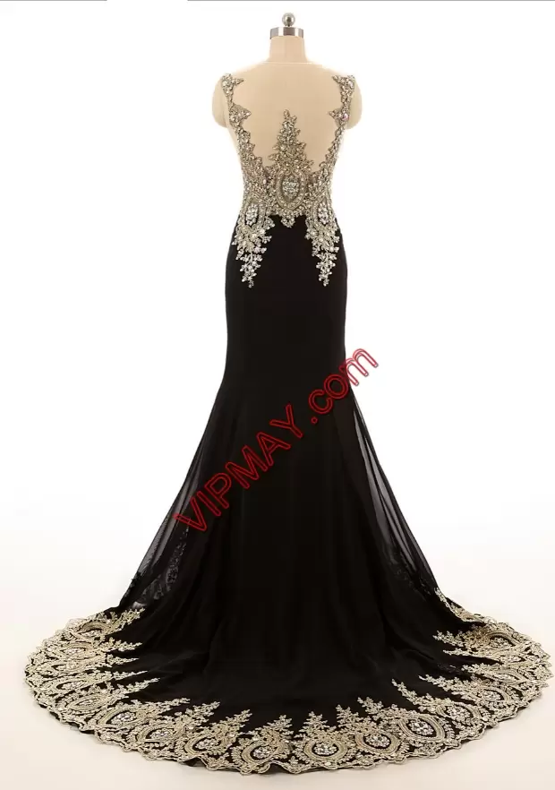 Gorgeous Black Prom Dress Scoop Sleeveless Sweep Train Side Zipper