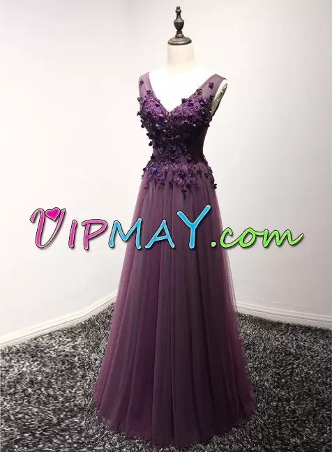 V-neck Sleeveless Prom Dress Floor Length Appliques Fuchsia Tulle