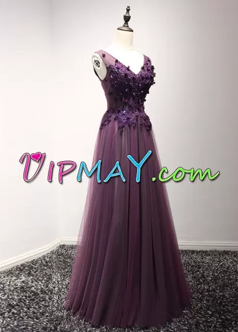 V-neck Sleeveless Prom Dress Floor Length Appliques Fuchsia Tulle