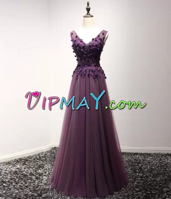 V-neck Sleeveless Prom Dress Floor Length Appliques Fuchsia Tulle