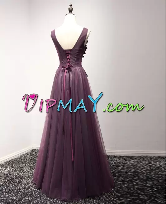 V-neck Sleeveless Prom Dress Floor Length Appliques Fuchsia Tulle