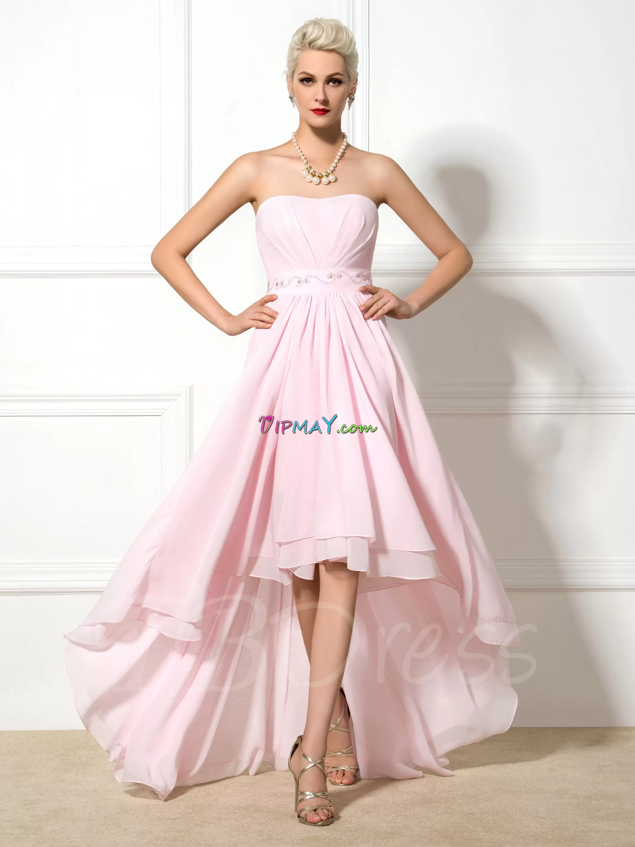 Strapless Sleeveless Prom Dresses High Low Beading Pink Chiffon