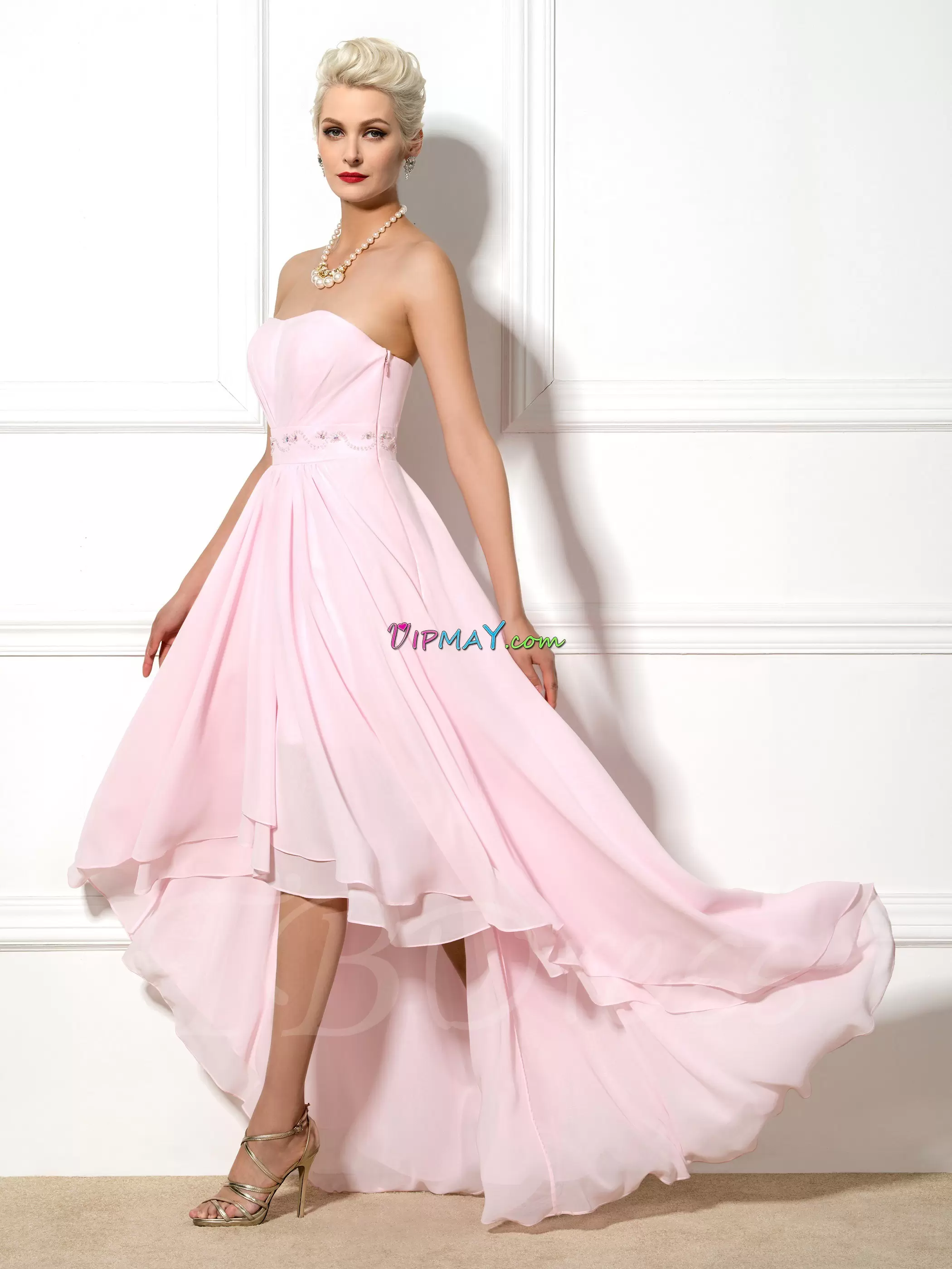 Strapless Sleeveless Prom Dresses High Low Beading Pink Chiffon