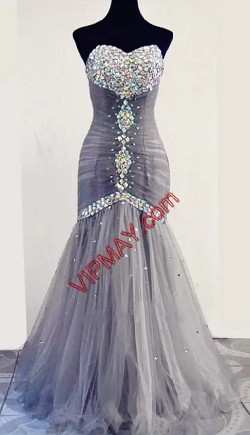 Spectacular Sweetheart Sleeveless Lace Up Prom Dress Grey Tulle Beading and Ruching