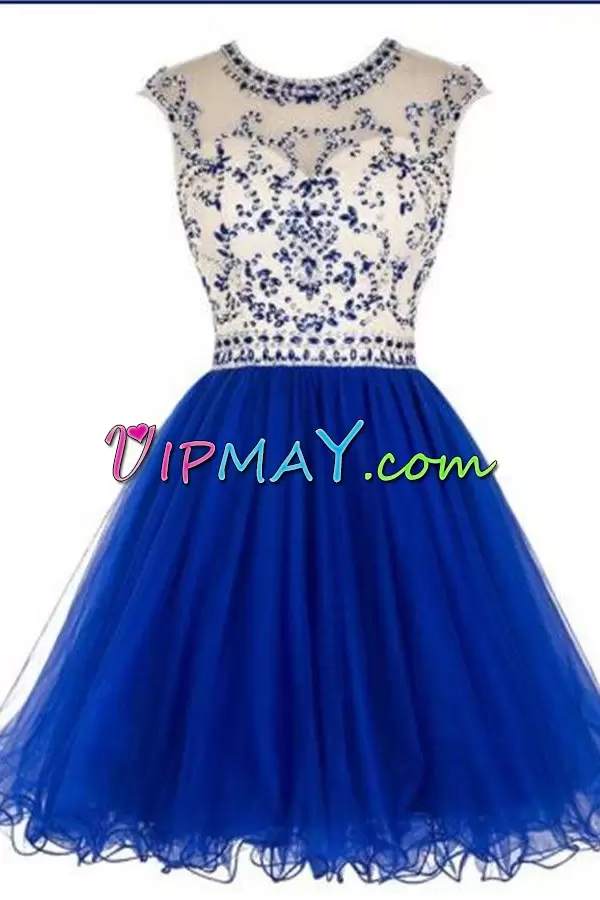 Juniors Royal Blue Cap Sleeves Beaded Bodice Illusion Neck Short Prom Dresses