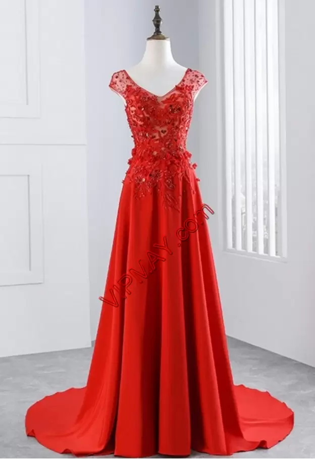 red evening dress bright red evening dress,red prom dress,evening dress with train,beaded evening dress,illusion evening dress,lace back up evening dress,see through evening dress,v neck evening dress,cheap evening dress,