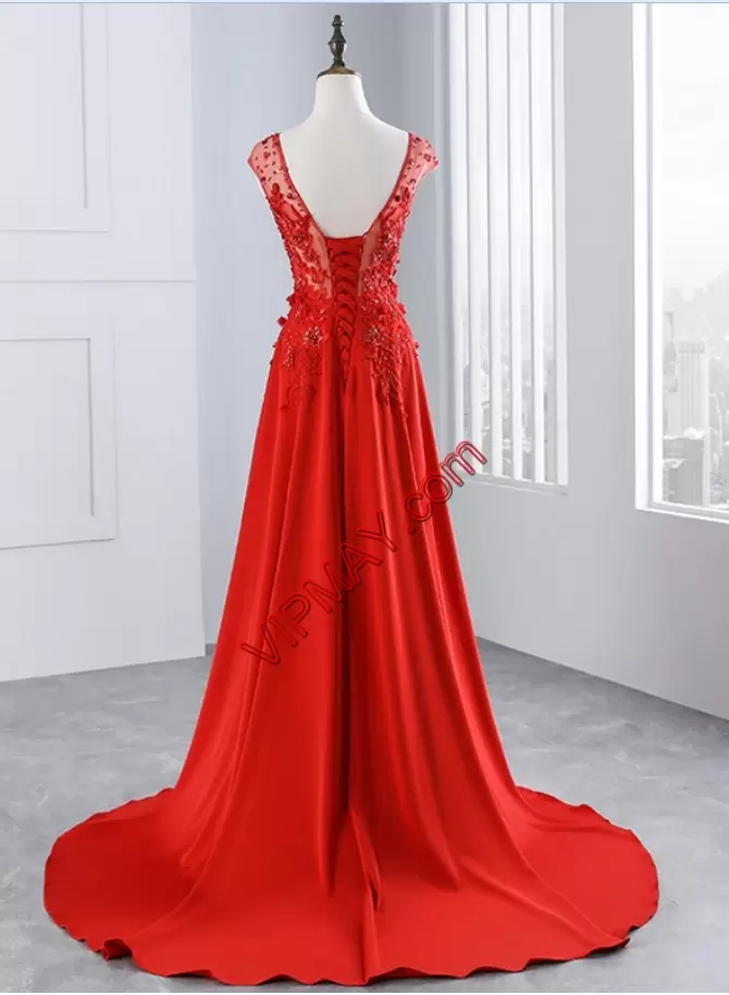 red evening dress bright red evening dress,red prom dress,evening dress with train,beaded evening dress,illusion evening dress,lace back up evening dress,see through evening dress,v neck evening dress,cheap evening dress,