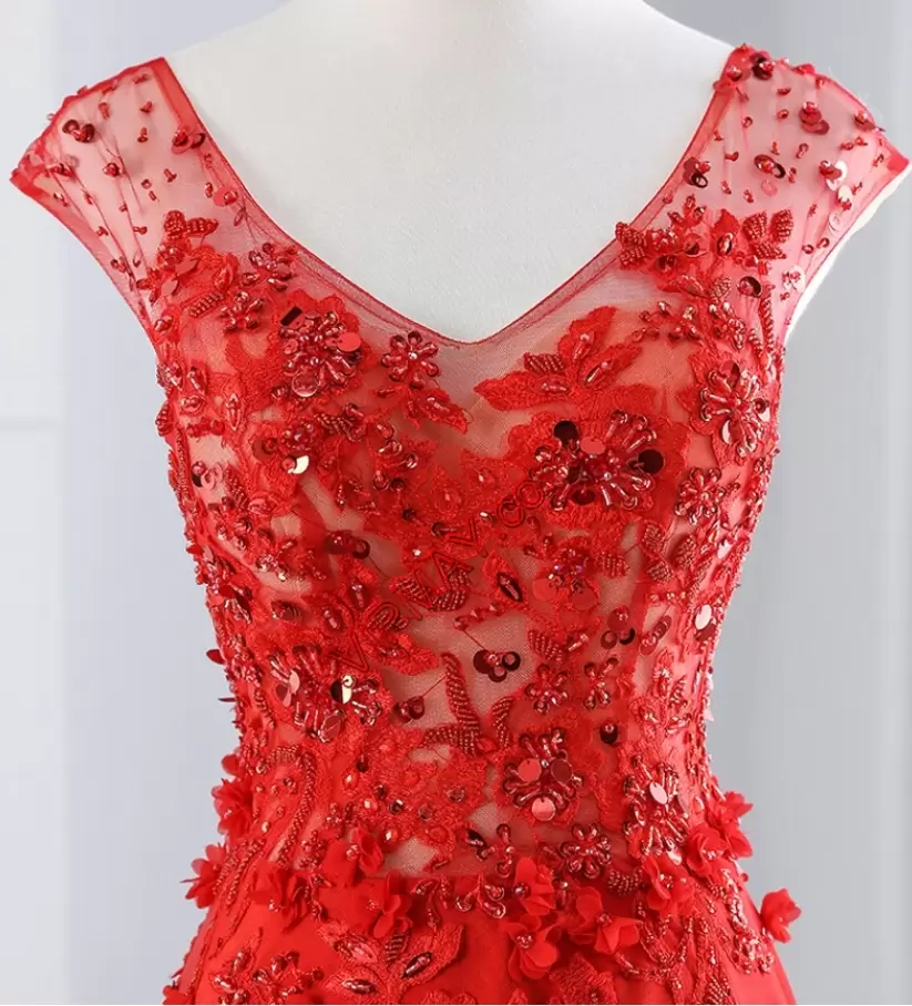 red evening dress bright red evening dress,red prom dress,evening dress with train,beaded evening dress,illusion evening dress,lace back up evening dress,see through evening dress,v neck evening dress,cheap evening dress,