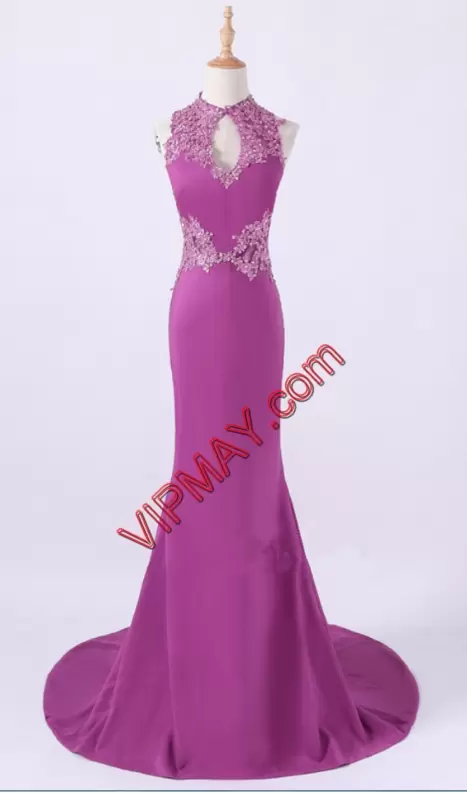 Sleeveless Appliques Zipper Prom Homecoming Dress with Fuchsia Sweep Train