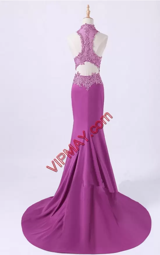 Sleeveless Appliques Zipper Prom Homecoming Dress with Fuchsia Sweep Train