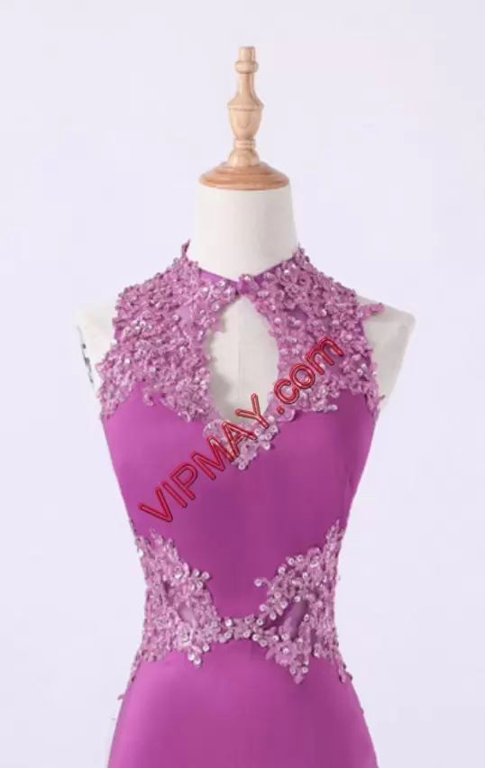 Sleeveless Appliques Zipper Prom Homecoming Dress with Fuchsia Sweep Train