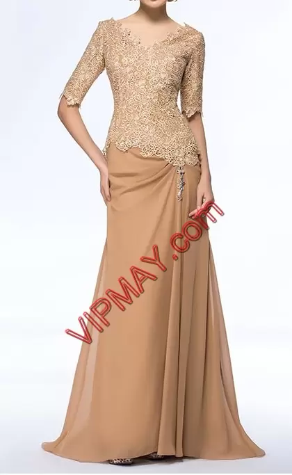 Hot Selling Half Sleeves Floor Length Lace Zipper Homecoming Dresses with Brown Sweep Train