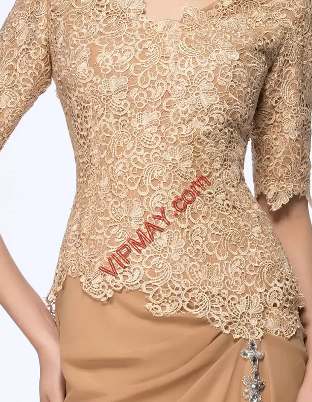 Hot Selling Half Sleeves Floor Length Lace Zipper Homecoming Dresses with Brown Sweep Train