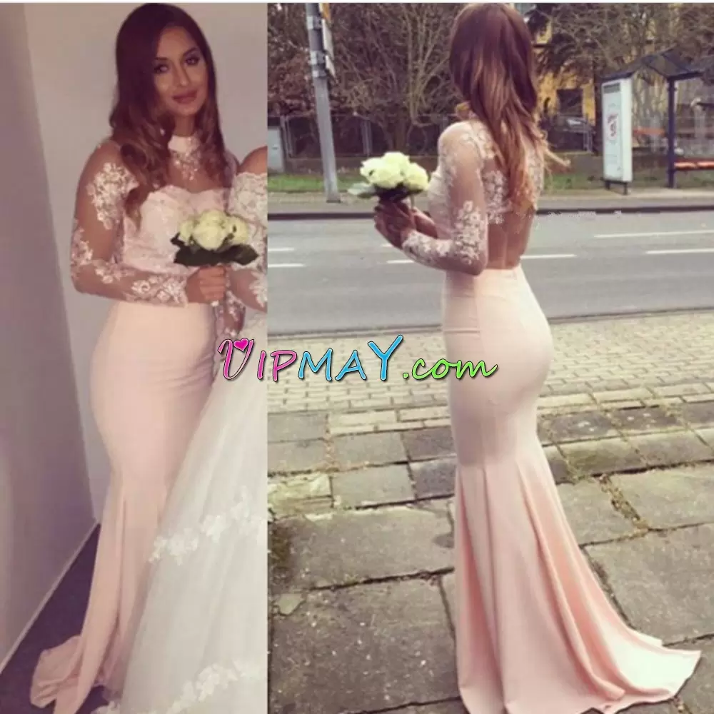 Custom Made Pink Long Sleeves Floor Length Appliques Zipper High-neck