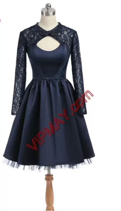 Navy Blue High-neck Neckline Lace Long Sleeves Backless