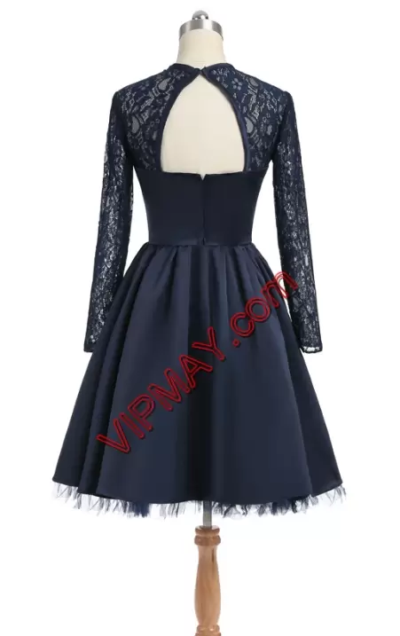 Navy Blue High-neck Neckline Lace Long Sleeves Backless