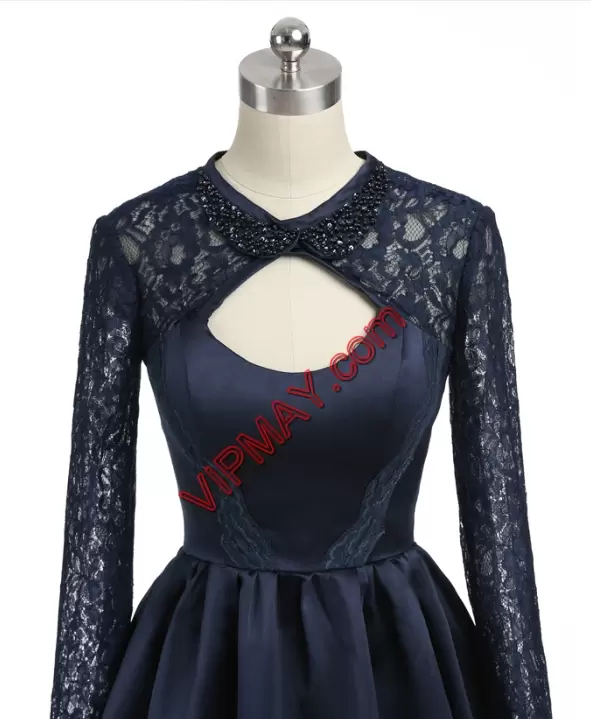 Navy Blue High-neck Neckline Lace Long Sleeves Backless