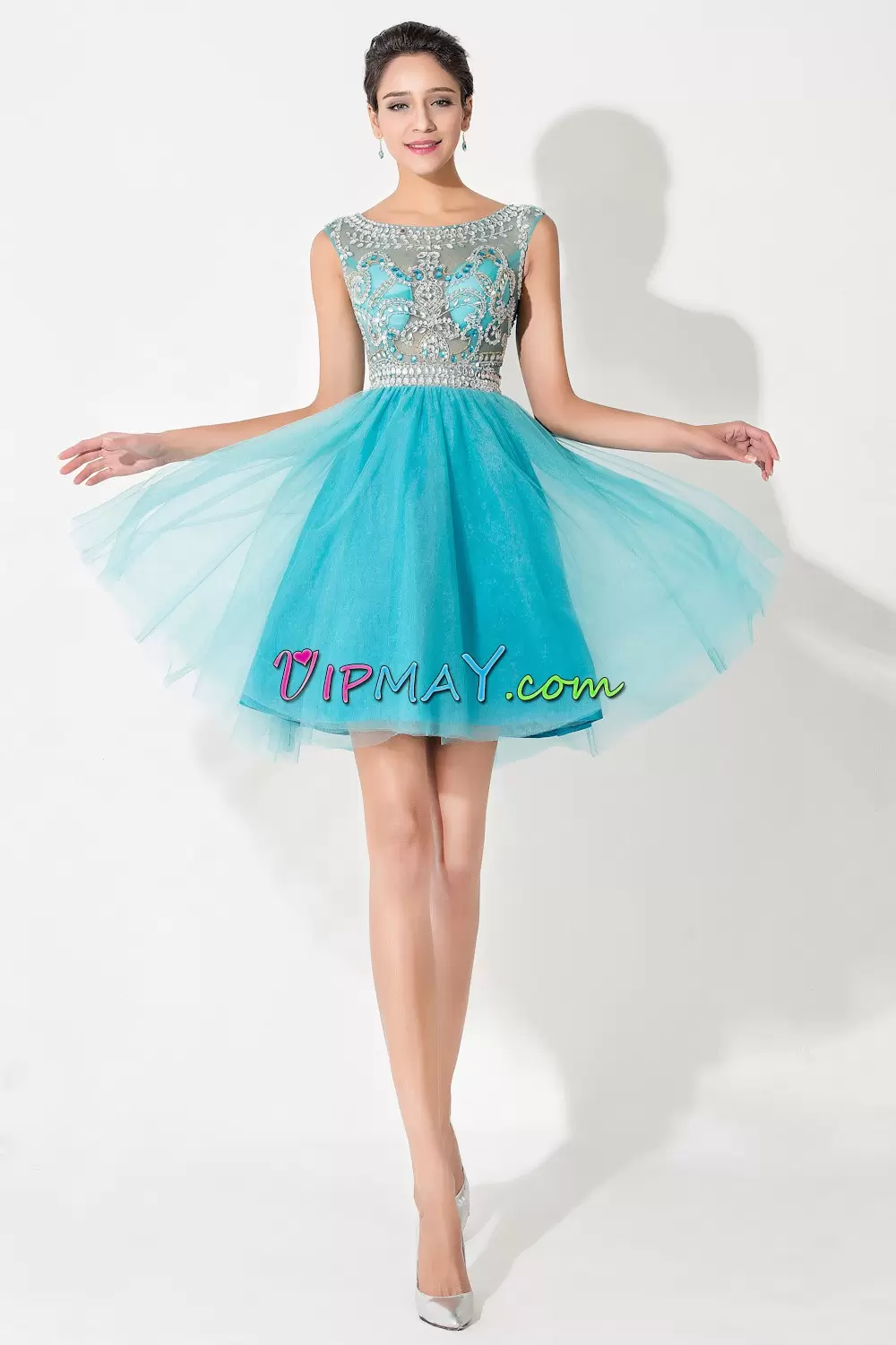 Fitting Tulle Scoop Sleeveless Zipper Beading Homecoming Party Dress in Aqua Blue