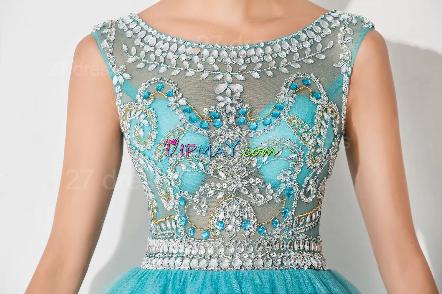 Fitting Tulle Scoop Sleeveless Zipper Beading Homecoming Party Dress in Aqua Blue