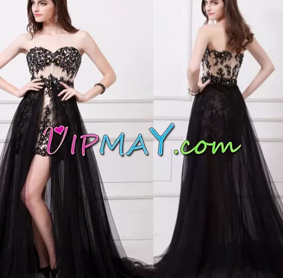 Beading and Appliques Evening Outfits Black Side Zipper Sleeveless Sweep Train