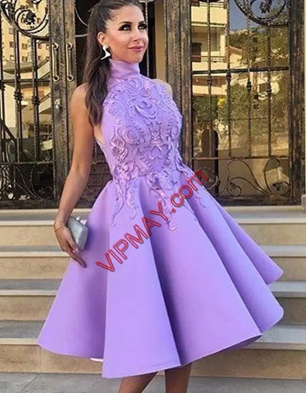 lavender mother of the groom dress,lavender color prom dress,short sleeveless prom dress with lace bodice,short lace prom dress,short lace cocktail dress,short lace boho prom dress,short and puffy prom dress,high neckline prom dress,high neck graduation dress,