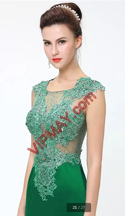 Great Sleeveless Satin Sweep Train Side Zipper Prom Evening Gown in Green with Beading and Appliques