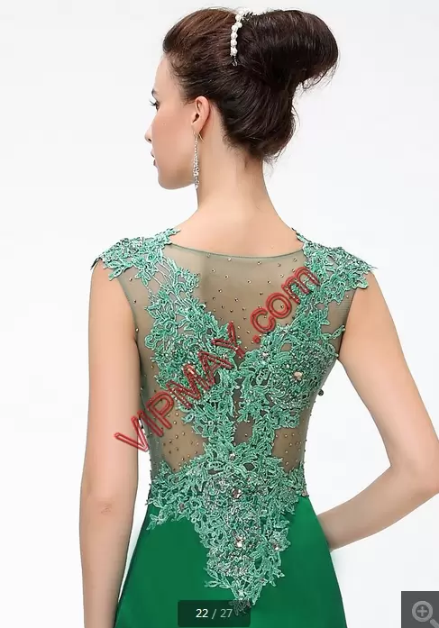 Great Sleeveless Satin Sweep Train Side Zipper Prom Evening Gown in Green with Beading and Appliques