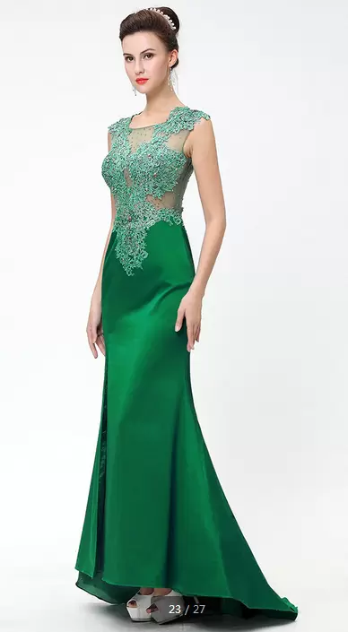 Great Sleeveless Satin Sweep Train Side Zipper Prom Evening Gown in Green with Beading and Appliques