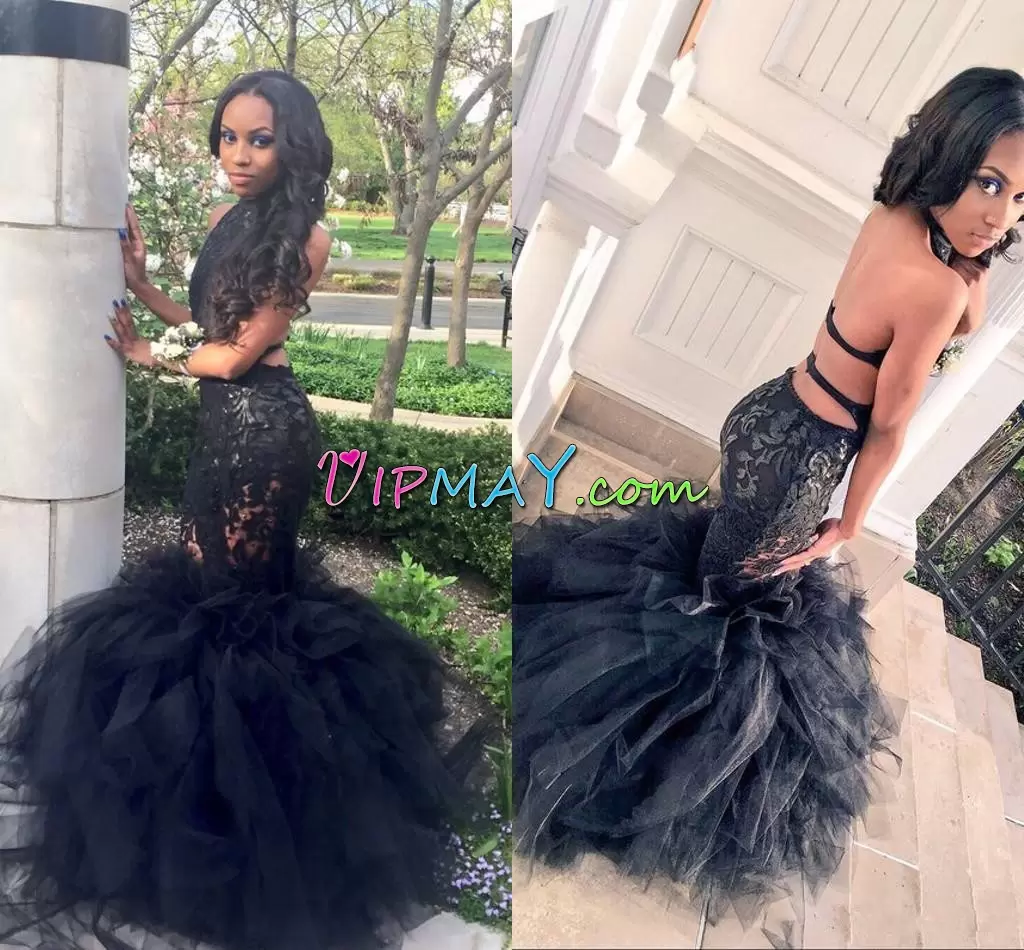 Black Prom Party Dress Prom and Party with Lace Halter Top Sleeveless Backless