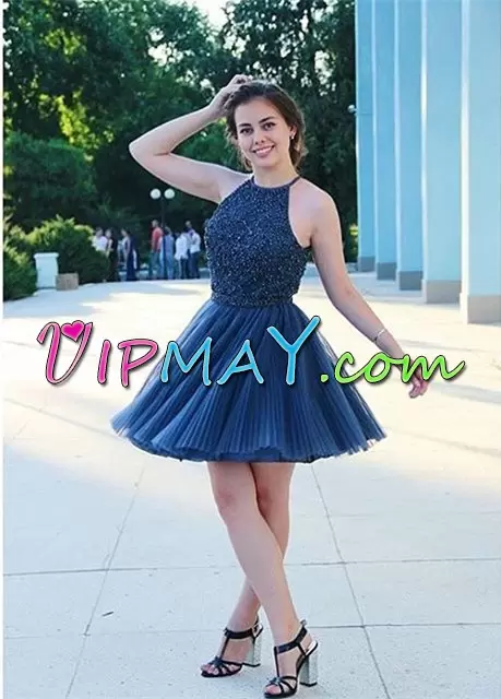 Discount Navy Blue Sleeveless Mini Length Beading Dress for Prom Halter Top