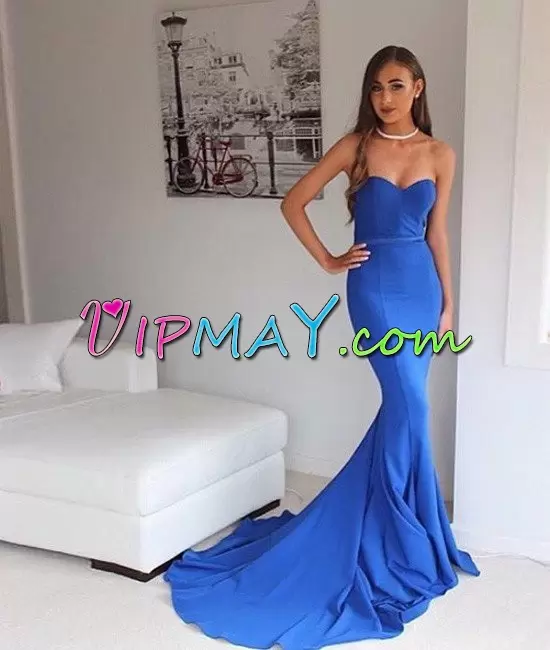 Royal Blue Homecoming Gowns Sweep Train Sleeveless Ruching