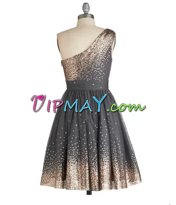 Charming Grey A-line One Shoulder Sleeveless Tulle Mini Length Side Zipper Sequins Dress for Prom