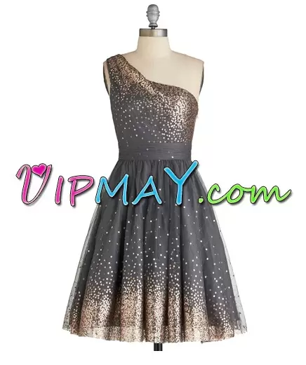 Charming Grey A-line One Shoulder Sleeveless Tulle Mini Length Side Zipper Sequins Dress for Prom