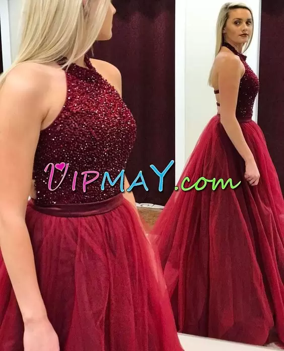 burgundy color prom dress,high neck burgundy prom dress,prom dress with tulle skirt,prom dress with halter tops,backless long dress formal,