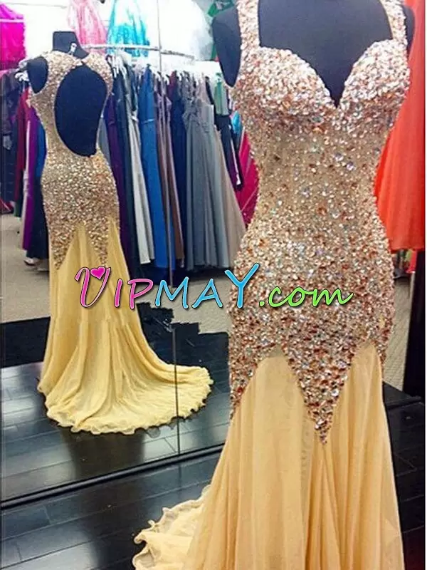 Yellow Sleeveless Sweep Train Beading Prom Dress