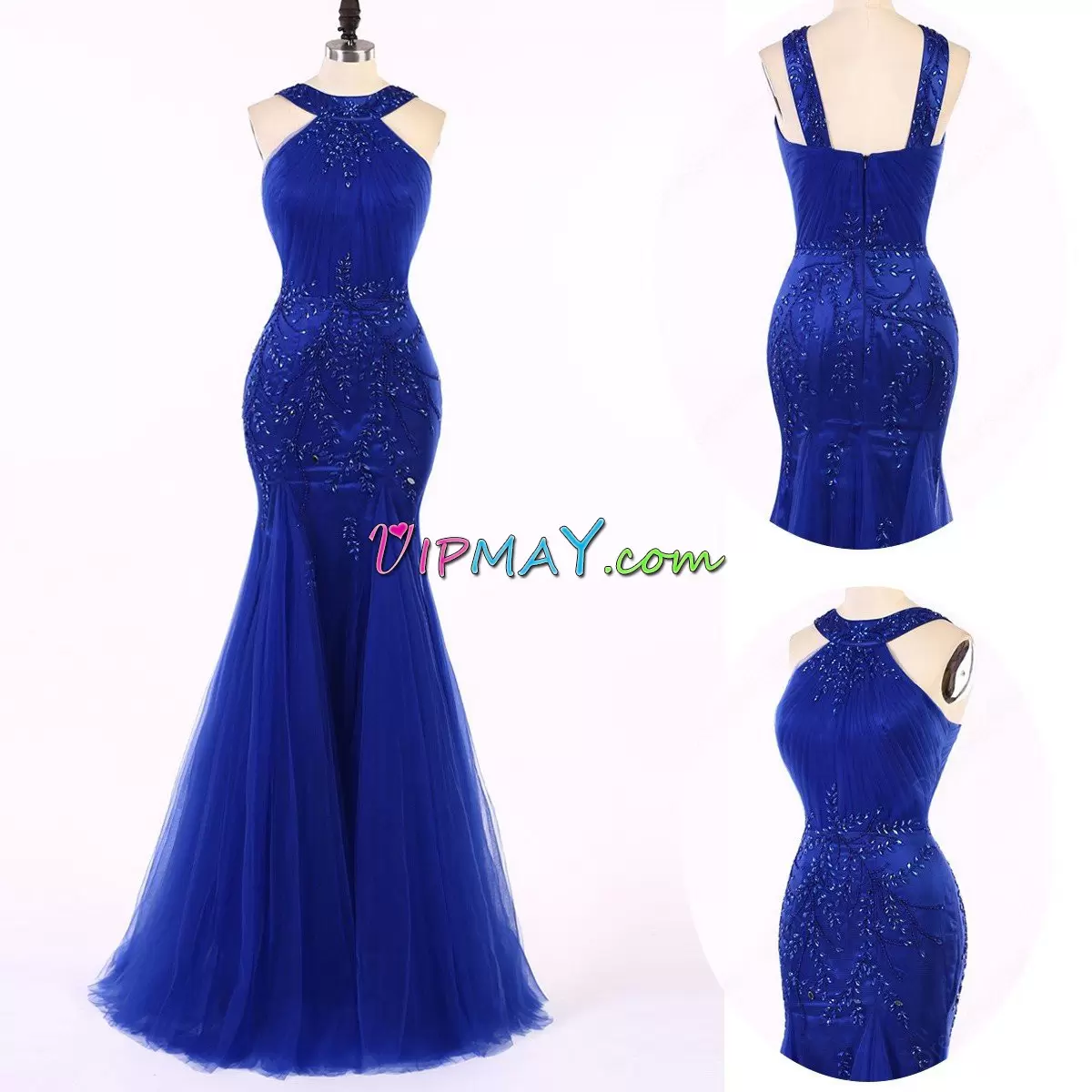 Floor Length Zipper Evening Dress Royal Blue for Prom and Party with Beading