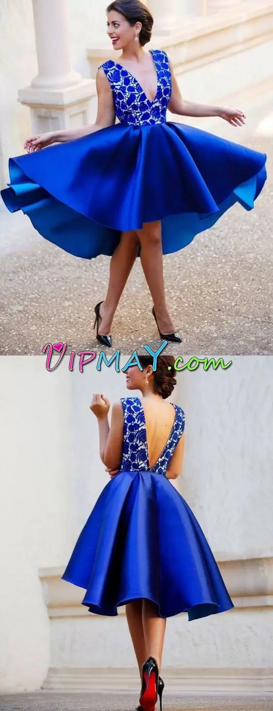 Luxurious Sleeveless Satin High Low Backless Homecoming Dress in Royal Blue with Appliques