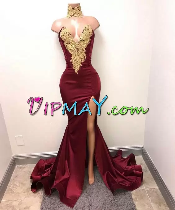 Burgundy Sleeveless Sweep Train Lace Up Prom Homecoming Dress for Prom and Party and Military Ball