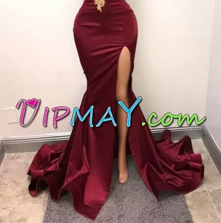 Burgundy Sleeveless Sweep Train Lace Up Prom Homecoming Dress for Prom and Party and Military Ball